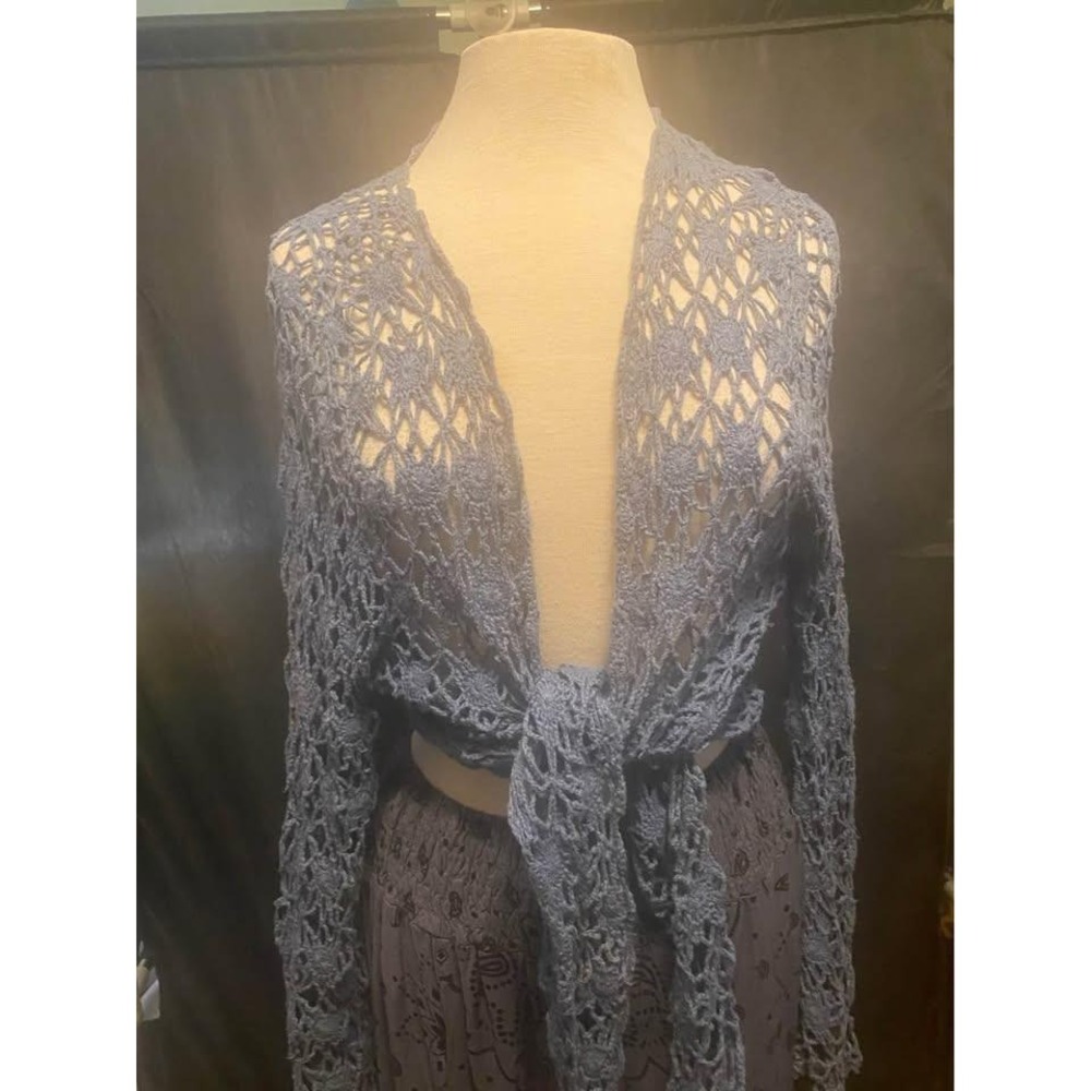Crochet Tie Front Cardigan sz L Boho Shrug Blue Ramie Cotton ge